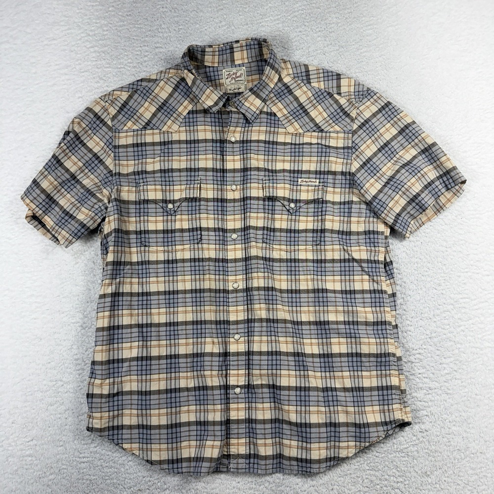 Lucky Brand Western Pearl-Snap Plaid Shirt XL Blue Brown Short-Sleeve vtg